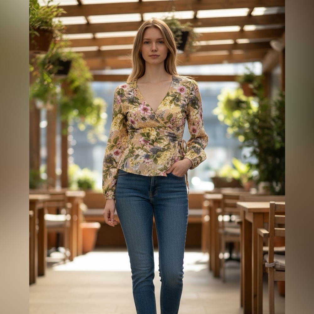 Democracy Floral Wrap Cottagecore Blouse Elastic Wrists Beautiful Womens L-XL